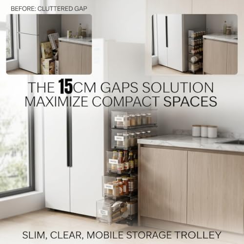 Slim Storage Cabinet with Wheels, Space Saving Narrow Rolling Cart, Thickened PET Transparent Drawer Organizer, Mobile Bathroom for Small Spaces Kitchen Laundry(Clear White,4.7*15.9*59.7in)
