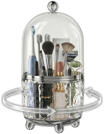 360°Rotating Toothbrush Holder with Cover, Dustproof Electric Toothbrush and Toothpaste Holder for Bathroom Countertop, 3 Slots Makeup Brush Organizer & Bathroom Storage (Transparent Silver)