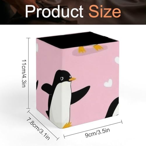 Square Pen Holder Waterproof Multifunctional Desk Organizer For Office Home Cute Cartoon Penguin And Heart Pink
