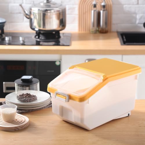 Sunnyray 4 Pcs Rice Storage Containers Bulk Flour Sugar Container Wheels Measuring Cups Set Airtight Pet Dog Cat Birds Food Bin Grain Cereal Organizer Box for Dry Baking(Yellow,22 lb)