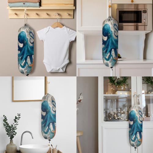 Pardick Plastic Bag Holder, Vintage Ocean Octopus Grocery Bag Holder for Shopping Bags, Wall Mount Plastic Bag Storage Organizer Dispenser, Storage Holder for Home Kitchen Camper,A-7