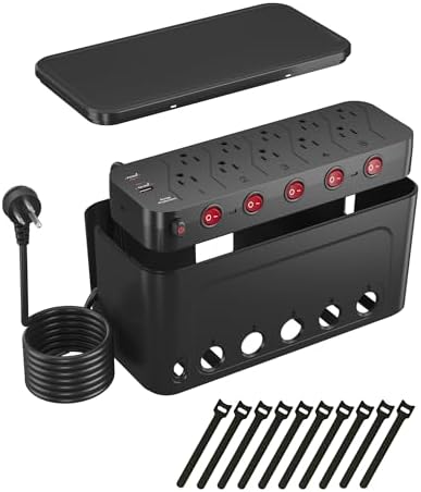 Power Strip with Cable Management Box, Large Cable Organizer Box, Black | Power Strip Box with 10 AC and 3 USB,6 ft Flat Plug Extension Cord,Outlet Hider Charging Station,Hidden Desk Cord Organizer