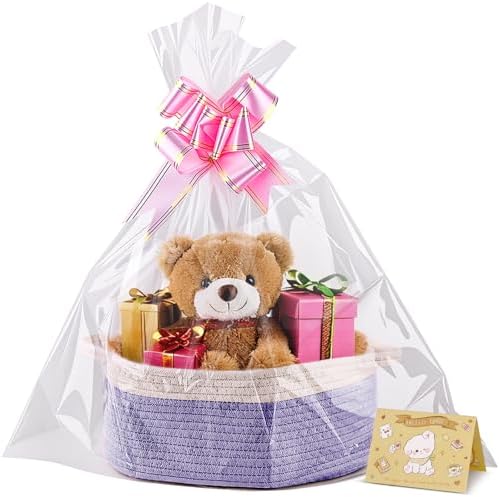 Small Woven Basket, 12" x 8" x 5" Gift Basket Empty with Ribbon and Gift Bag, Rope Basket for Baby Shower, Holiday Presents,Storage Basket with Handle for Nursery,Pet Toy Basket (White-Purple)