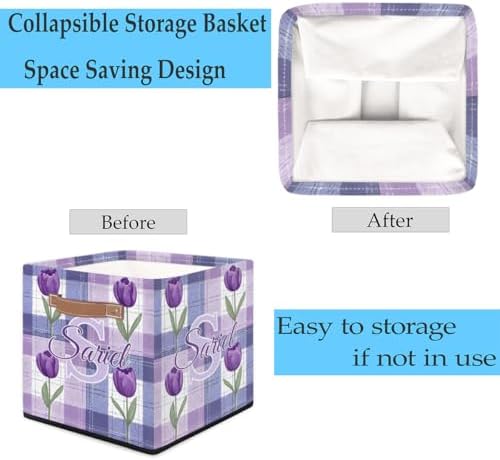 Storage-Basket with Handle Personalized Decor-Organizer-Bins for Bedroom Collapsible Laundry Basket as Gifts for Girls Boys Baby Adults Storage-Bins Purple Tulip