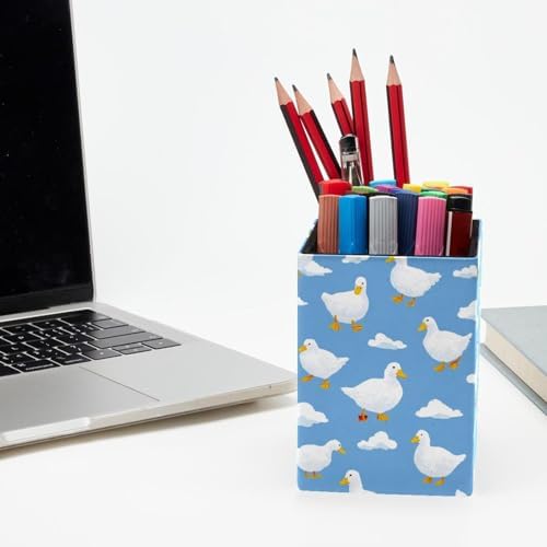 Cute Duck Pen Holder for Desk Decor, Rectangular PVC Leather Pencil Cup for Desk Pen Organizer, Makeup Brush Holder for School, Home, Office