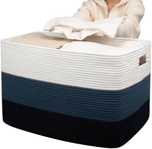 OIAHOMY 118L Extra Large Blanket Basket Cotton Rope Storage Basket Blue | 5" x 17" x 16", Rectangular Baskets Living Room,Used for storing Dirty Clothes, Toy Storage for Nursery Brown Black