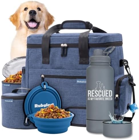 Rubyloo Original Doggy Bag (Navy) & 32oz Insulated Water Bottle with Attached 8oz Bowl (Rescued is My Favorite Breed) – Dog Travel Bag & Hydration Set