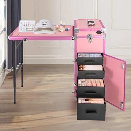 Professional Cosmetic Trolley Storage Organizer, Foldable Nail Tables w/ 4 Drawers Mirror&Speaker for Hair Stylists Pet Groomers Makeup Artists Technician Workstation Salon