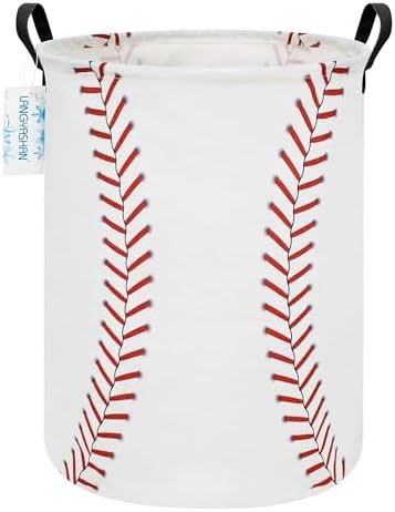 Round Laundry Basket Collapsible Storage Hamper Organizer Red Baseball | Waterproof Canvas Foldable Baskets with sturdy Handles Multi-scene Organizer for Home Play Bedroom Gift Bin
