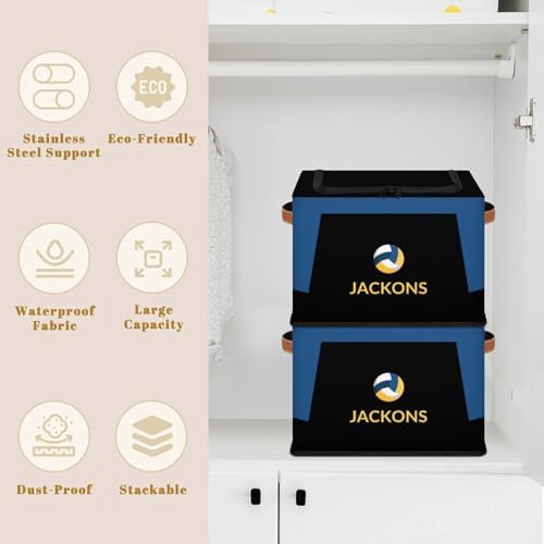 Custom Storage Basket with Zipper Lid, Sport Volleyball Ball Foldable Fabric Storage Boxes Decorative Closet Shelves Clothes Organizer Container Cubes with Handle 1PCS