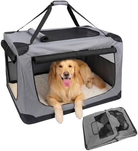 XL Soft Dog Crate for Car Travel - Collapsible 3-Door Portable Kennel with Washable 600D Cover, Fleece Bed, Storage Pocket, Safety Zippers - XL Size