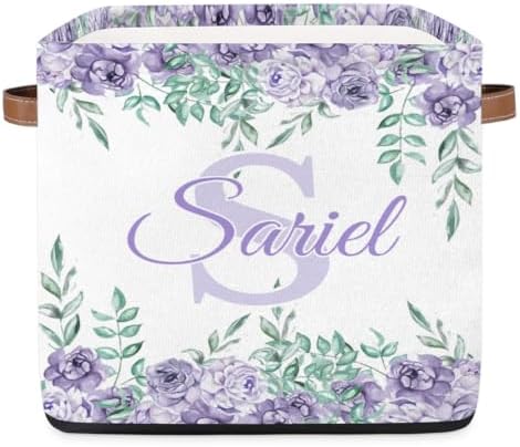 Customized Storage-Basket Collapsible Baby Keepsake-Box Flower Purple Organizer-Bins as Gifts for Girls Boys Baby Adults Cubes Storage-Box Print Name on It
