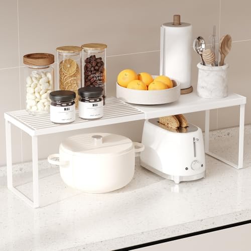 Magheo Expandable Kitchen Countertop Organizer, 1 Pack Stackable Cabinet Shelf Risers, Metal Spice Rack Heavy Duty Counter Organizer Storage for Kitchen, Pantry, Cupboard, Rv (8.7in Height,White)