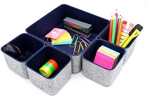 Welaxy Desk Drawer Organizers Storage bins Set Home Office Pen holder pencil phone stand Remote controler Closet Cabinet boxes Organizing 5-piece gifts ideas (Navy)