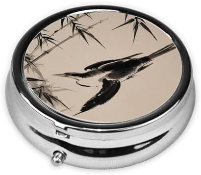 Fish Bird Leaves Painting Printed Pill Organizer,Round Travel Pill Organizer Mini Medicine Pill Box for Purse Iron Plating
