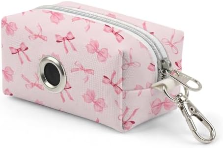 Dog Waste Bag Dispenser with Zippered Pouch, Durable Polyester Dog Poop Bag Holder for Leashes, Portable Lightweight Pink Bow Pet Doggy Waste Bag Holder