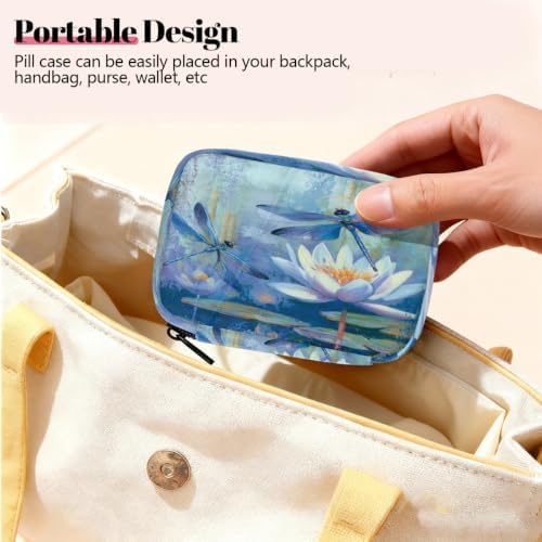 Travel Pill Organizer Water Lilies Dragonfly Art Small Pill Case