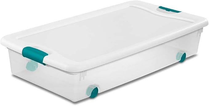 Sterilite 56 Qt Wheeled Latching Storage Box, Stackable Bin with Latch Lid, Plastic Container to Organize Shoes Underbed, Clear with White Lid, 1-Pack