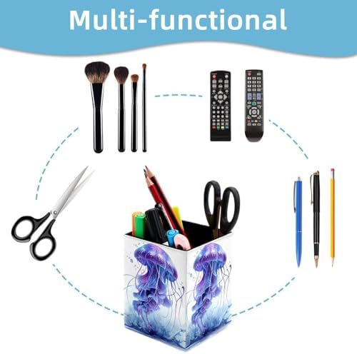 Jellyfish Pen Holder for Desk Decor, Rectangular PVC Leather Pencil Cup for Desk Pen Organizer, Makeup Brush Holder for School, Home, Office