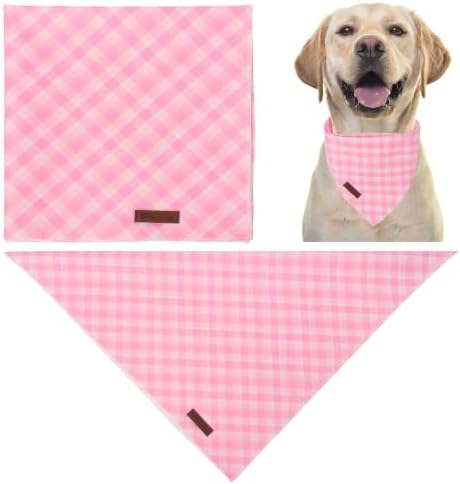 Pink Checkered Dog Bandana, Spring Summer Pink Plaid Puppy Bandana for Girl Female Dogs, Soft Cotton Pet Triangle Bid Scarf Kerchief for Girl Boy Dogs or Cats