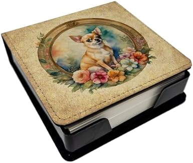 Caroline's Treasures Chihuahua and Flowers PU Leather Note Paper Holder with Artist-Designed Cover, Desk Accessory, Office Gift