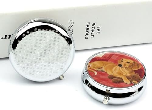 Portable Pill Box 3 Compartments, Small Round Metal Medicine Organizer for Pocket, Dachshund Weiner Pet Dog Pill Case for Vitamins, Fish Oil, Supplement & Travel
