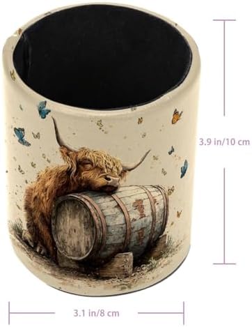 Faux Leather Pen Holder for Desk, Pencil Organizer Highland Cow Pen Cup Desk Decor Makeup Brush Holder Storage for Office Home