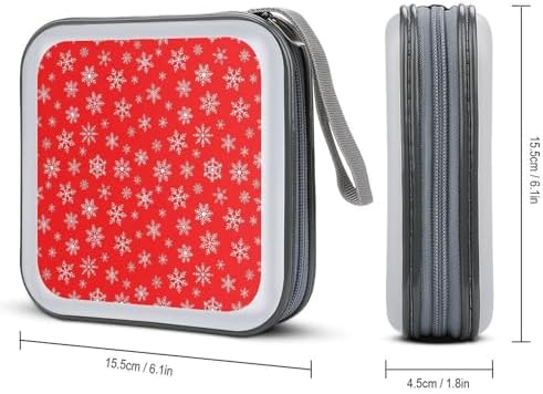 40-Capacity DVD CD Storage Wallet Red Snowflake Christmas, Heavy-Duty Hard Shell Binder, Portable Organizer with Strap for Car Travel