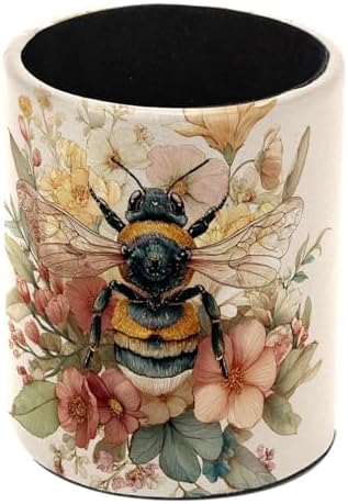 Faux Leather Pen Holder for Desk, Pencil Organizer Bee Pen Cup Desk Decor Makeup Brush Holder Storage for Office Home