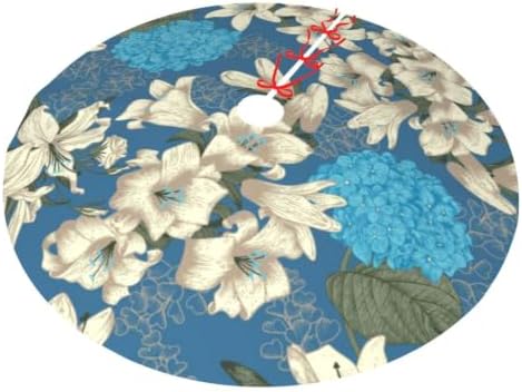 Christmas Tree Skirt, Soft Polyester Xmas Tree Skirts with Ribbon Ties, Rustic Farmhouse Holiday Party Decorations Illustration of Hydrangea and Lilies 36"