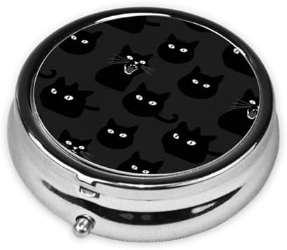 Travel Pill Organizer, Small Round Case with Mirror, Portable Pill Box for Fish Oil Vitamins, Pocket Purse Carry for Commuters, Black Cat