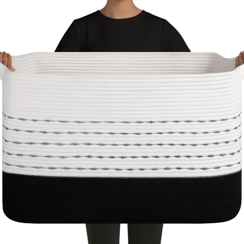 OIAHOMY 108L Extra Large Blanket Basket, 25”x16”x16” Rectangle Woven Cotton Rope Baskets for Living Room, Toy Storage with Handle- Gradient Black