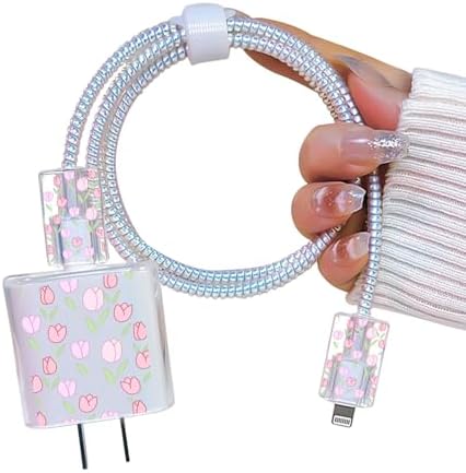 Cute DIY Cable Protector for iPhone 18W/20W Adapter Charger with Pretty Pink Tulips Design, Soft TPU Clear Cord Wire Saver Data Line Cable Case Charger Protector for iPhone 11 12 13 14 15 Pro Max
