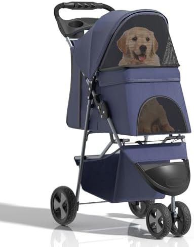Foldable 3-Wheel Pet Stroller for Small Dogs & Cats, Navy Blue | Storage Basket & Cup Holder, Breathable Mesh Cover, Lightweight and Durable, for Small to Medium Pets, up to 33 lbs