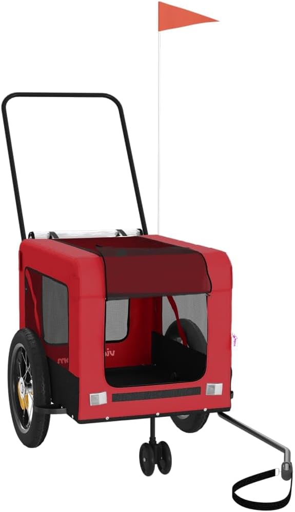 Pet Bike Trailer for Small Dogs, Foldable Bicycle Cargo Trailer with Push Bar, Mesh Windows, Reflectors, and Safety Flag, 66 lbs Capacity, Red