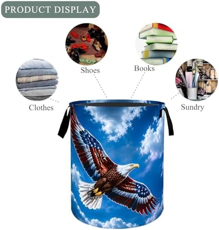 Eagle Laundry Basket Hamper, Organizer Bins Gifts for Women Kids, American Flag Bald Eagle Foldable Waterproof Clothes Hamper Handles Storage Bucket for Bedroom Bathroom Room Decor 19.7"x15.7"