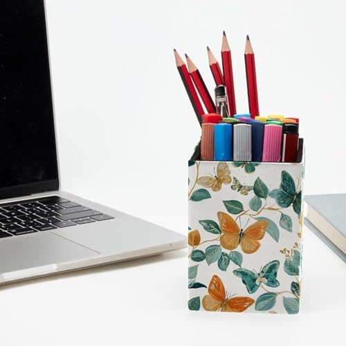 Butterfly Pen Holder for Desk Decor, Rectangular PVC Leather Pencil Cup for Desk Pen Organizer, Makeup Brush Holder for School, Home, Office