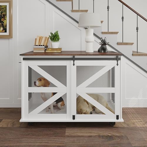 47.2'' Mobile Dog Crate with Flip-Top Feeder & Dual Doors, Multi-Purpose Pet Kennel with 5-Wheel Caster System,Locks & Side Hooks, Brown White, Brown White