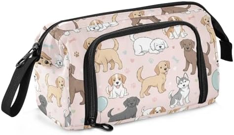 Emelivor Cute Pets Dogs Pink Print Pencil Case Large Capacity Pencil Pouch Bag with Compartmens Pen Organizer Portable Stationery Bag for School Office Men Women Adults