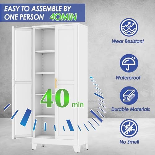 71" Metal Garage Storage Cabinet with 2 Doors, 4 Adjustable Shelves