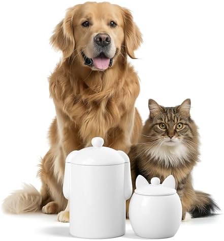 Barnyard Designs Airtight Ceramic Pet Treat Jar Set of 2 White (Dog & Cat) | Rustic Storage Canisters with Airtight Lids for Kitchen Counter; Holds Biscuits, Snacks, or Kibble; Farmhouse Decor