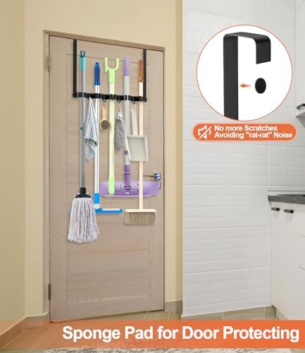 Broom Holder Over The Door with 4 Over Door Hook, Drilling Free Mop - Black | Save Space, Metal Mop and Broom Storage Wall Mount Broom Storage Tool Organizer for Laundry Room Garage Kitchen Bathroom