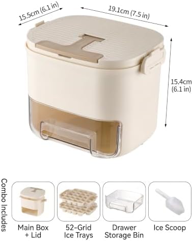 Ice Cube Tray with Storage Bin, One-Press 52-Grid, Beige | Food-grade PET, odor-free sealed lid, drawer access, portable handle, ice scoop, space saving mold for whiskey & cocktails