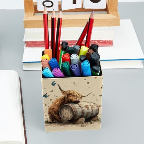 Highland Cow Pen Holder for Desk Decor, Rectangular PVC Leather Pencil Cup for Desk Pen Organizer, Makeup Brush Holder for School, Home, Office