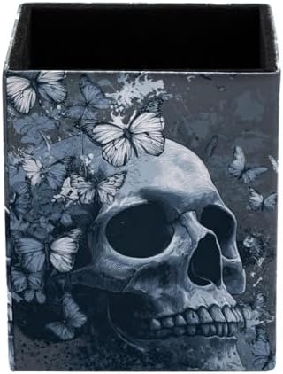 Skull and Butterfly Pen Holder for Desk Decor, Rectangular PVC Leather Pencil Cup for Desk Pen Organizer, Makeup Brush Holder for School, Home, Office