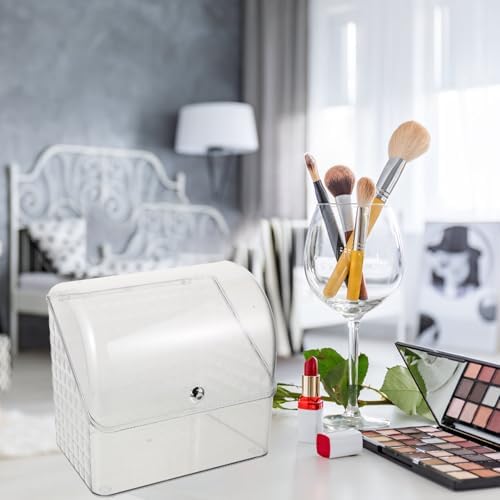 Hemobllo Makeup Organizer with Lid for Vanity Cosmetics Storage | Pet and Pp Build, Elegant Desktop Style, Spacious Categorization, Versatile Use for Bathroom Counter
