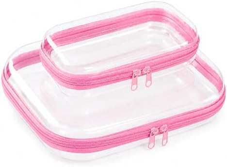 2-Pack Clear Hardshell Zipper Case, 1.2mm Thicken Crush-Proof Travel Toiletries Bag, TSA Approved Portable Zipper Pouches, Rigid Toiletry & Diaper Bag Organizer for Tech, Toys & Art Supplies(Pink)