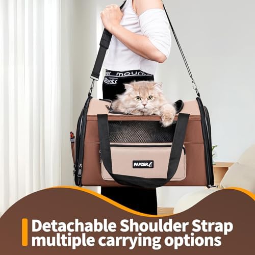 Collapsible Small Pet Carrier for Cat 15 lbs with Fashion Pocket Travel Bag | Lightweight Sturdy Little Puppy Dog Carry Crate, Breathable Stylish Kitten Soft Cage Kennel, Portable Yorkie Box Khaki