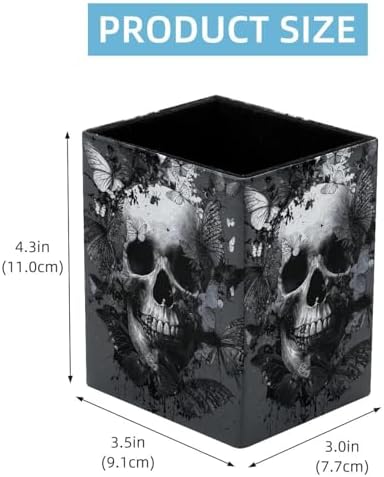 Black Skull Pen Holder for Desk Decor, Rectangular PVC Leather Pencil Cup for Desk Pen Organizer, Makeup Brush Holder for School, Home, Office