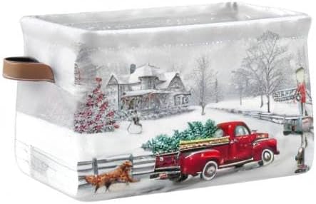 Christmas Tree Red Truck Storage Basket Fabric Laundry Baskets Winter Snowman Snowflake Golden Retriever Dog Storage Boxes Organizer Bag for Cloth Toy Book Storage Cubes Shelf Closet Bins 16×12×8